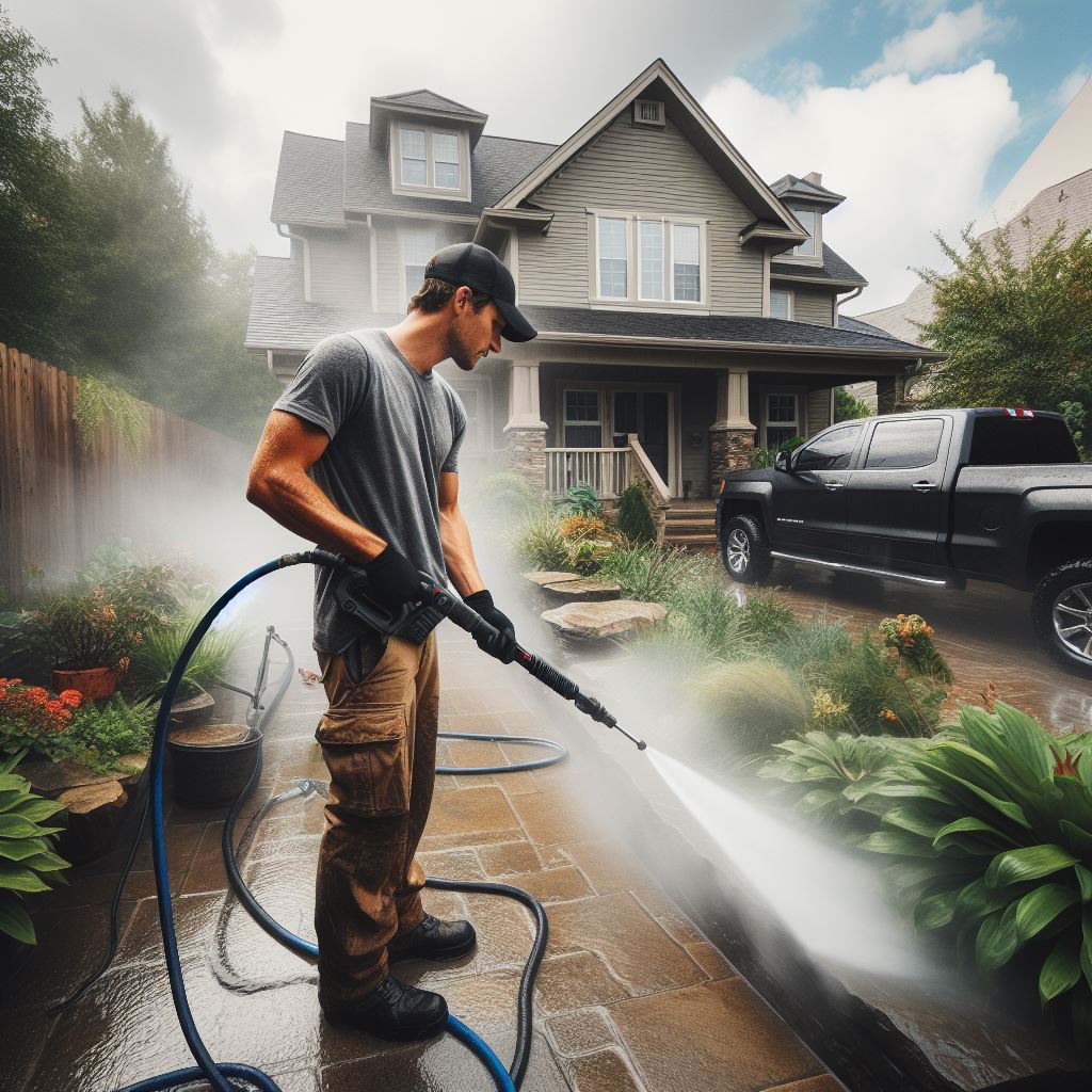 A Louisville pressure washing expert working in a house backyard