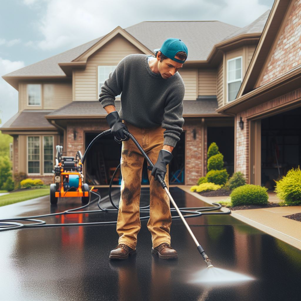 A pressure washing technician cleaning the driveway of house in Louisville, Kentucky